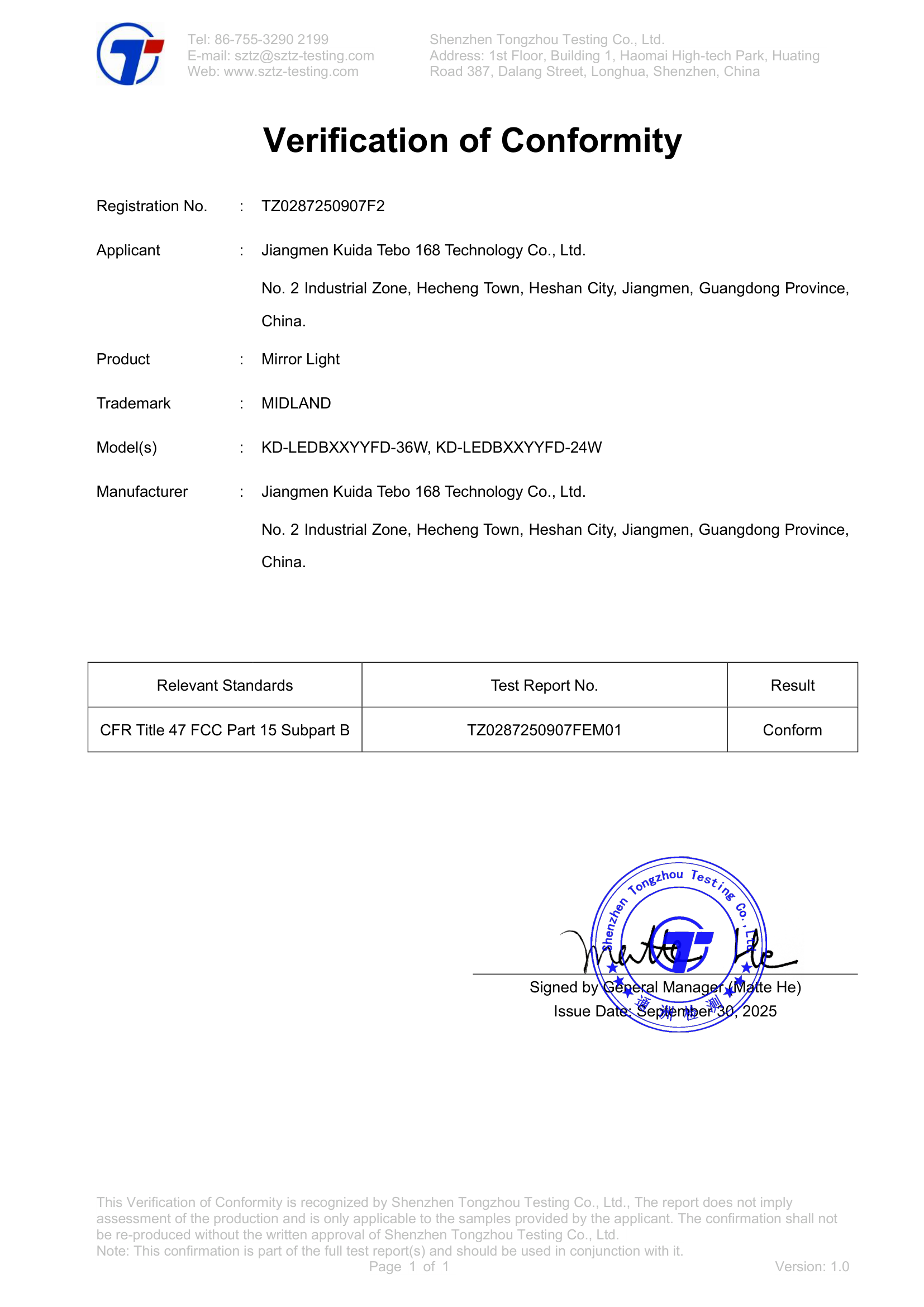 TZ0287250907F2 Test Report